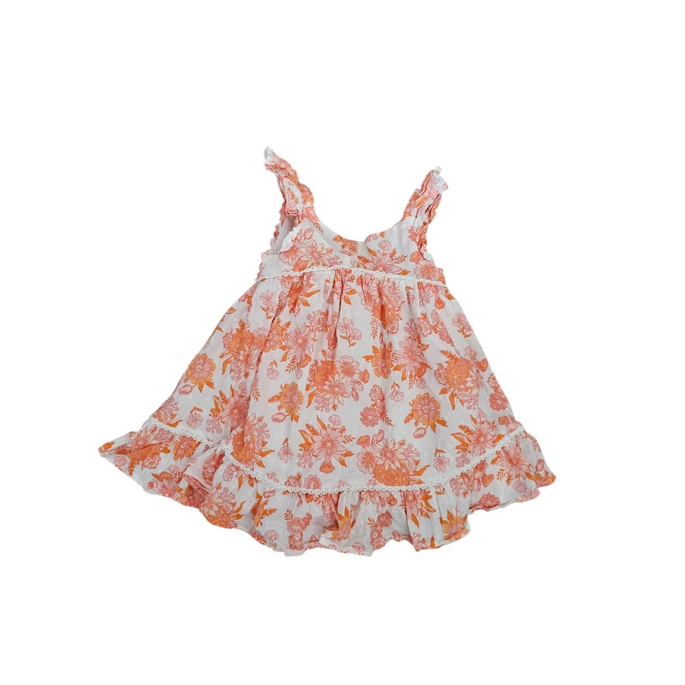 Girls Orange Pink‎ Floral Dobby Sun Dress Ruffle Sleeve Lace Trim Boho Flower